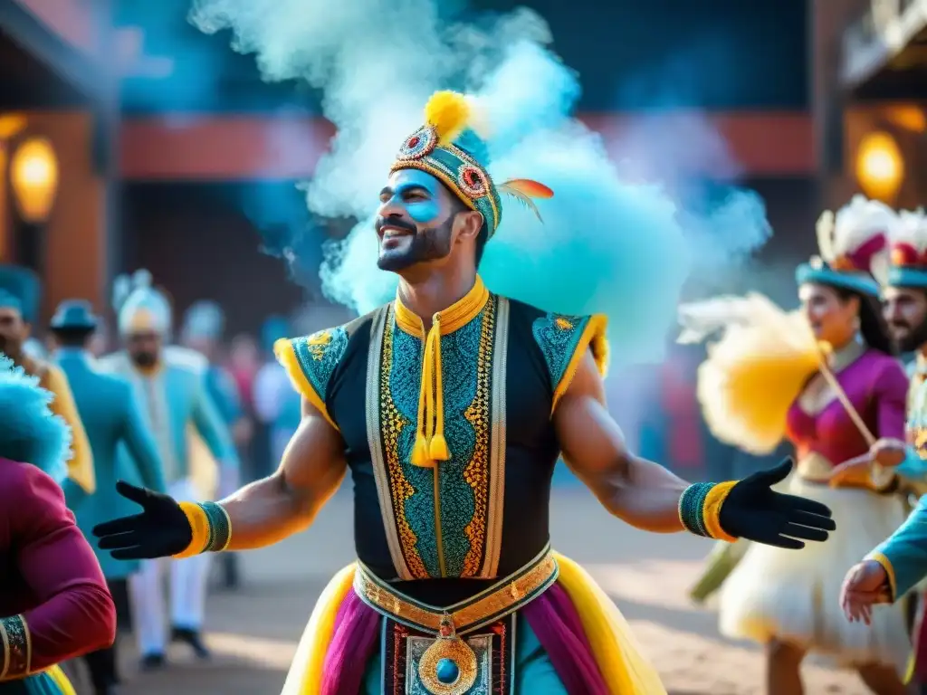 Celebración en el Museo del Carnaval de Uruguay con vibrantes trajes y música tradicional, reflejando la Importancia del Museo Carnaval Uruguay