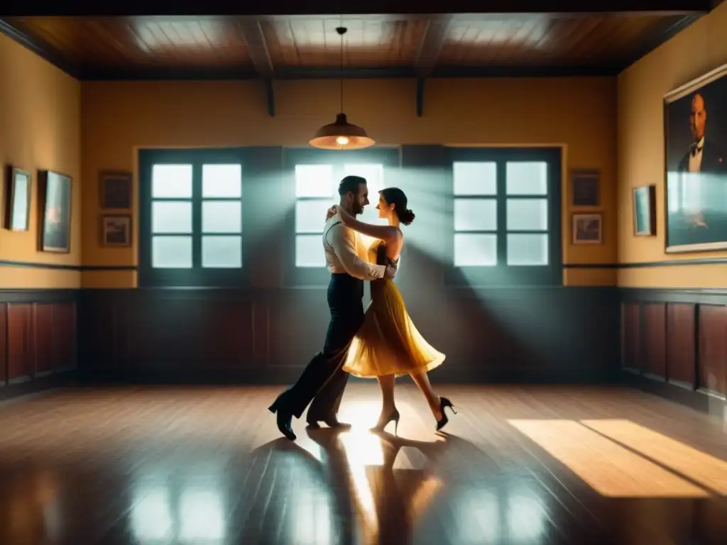 Bailemos en el Museo del Tango Uruguay: el salón iluminado suavemente, parejas danzando en la penumbra, la esencia del tango