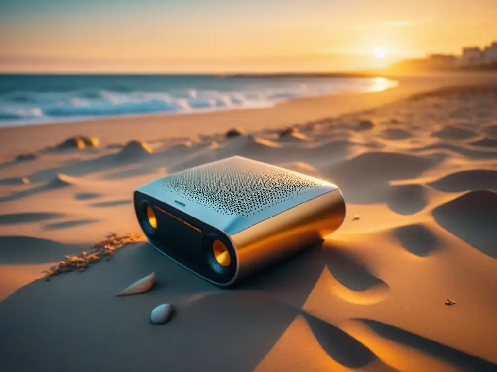 Disfrutando la música al atardecer en una playa serena de Uruguay con un equipo de audio portátil