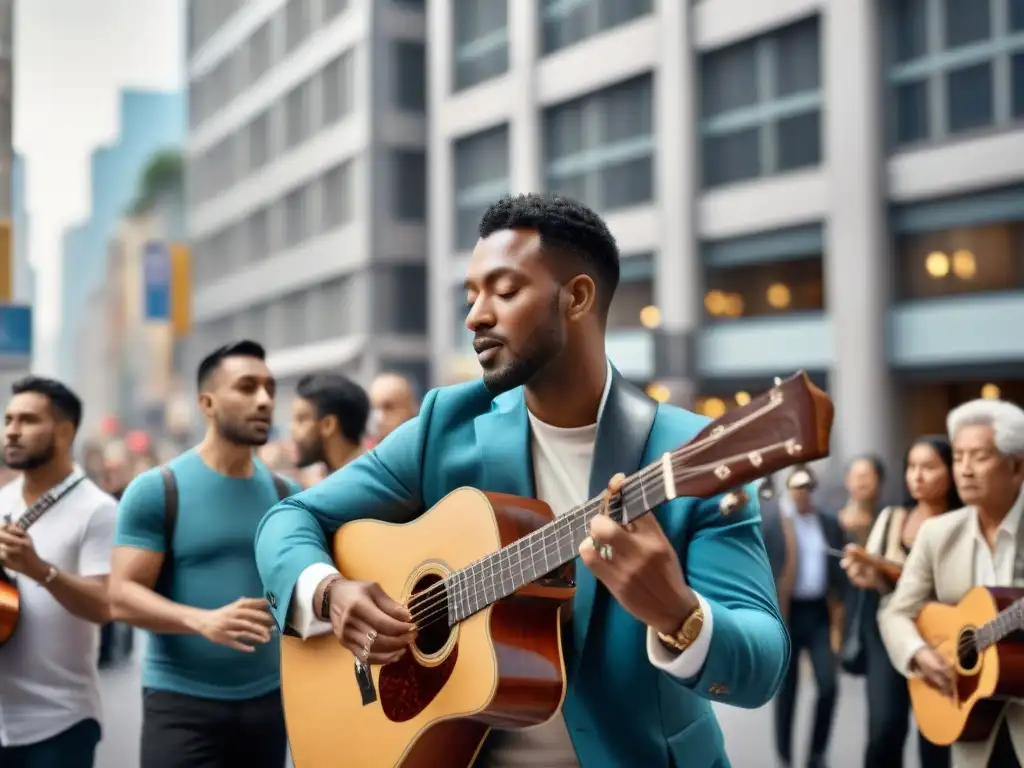 Un músico callejero toca la guitarra apasionadamente en una bulliciosa calle de ciudad