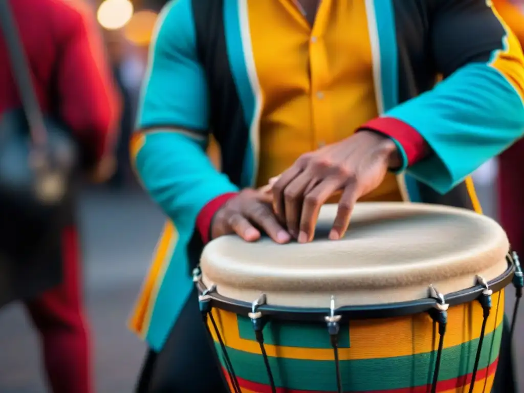 Un músico de candombe en Montevideo, iluminado por la noche, toca con destreza su tambor mientras la multitud lo rodea