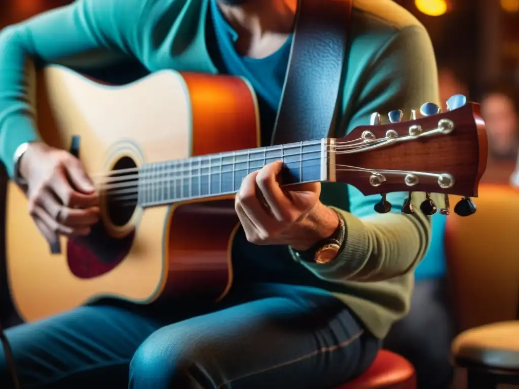 Un músico talentoso tocando una guitarra acústica desgastada en un íntimo bar de Montevideo