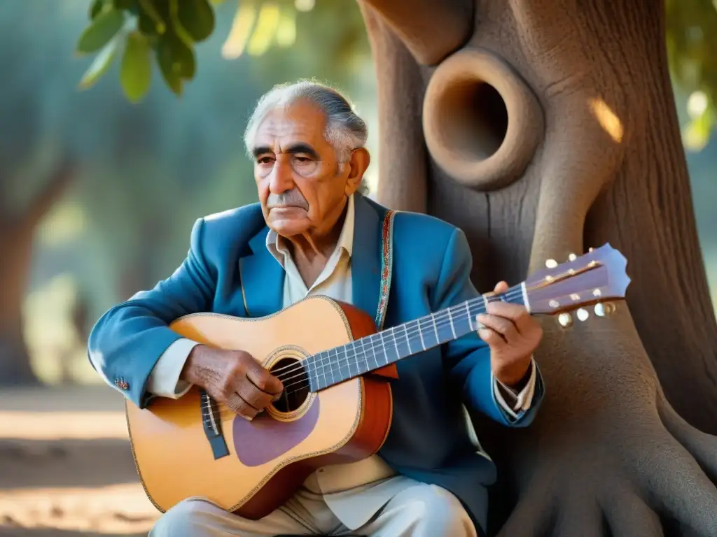 Un músico uruguayo anciano tocando una guitarra tradicional bajo un Algarrobo, transmitiendo folklore y sostenibilidad a niños curiosos