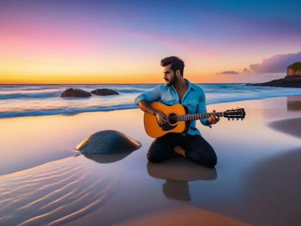 Un músico uruguayo toca la guitarra en una playa al atardecer, reflejando la vida serena de Rada