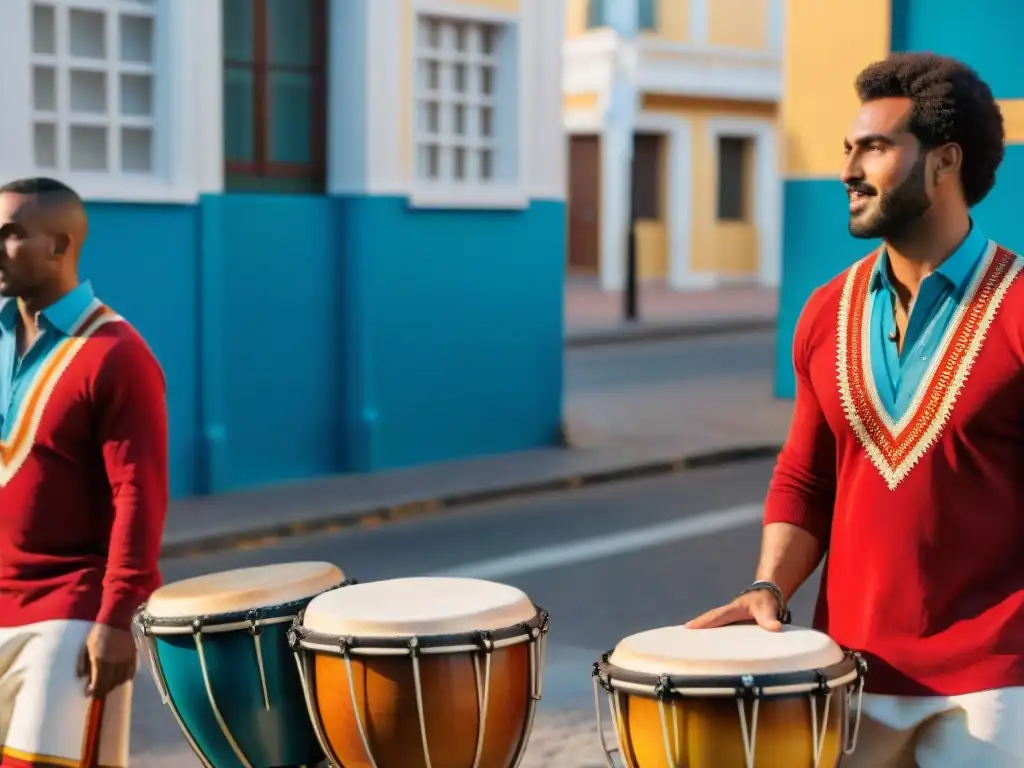 Músicos afro-uruguayos tocando tambores de Candombe en Montevideo al atardecer, reflejando la herencia africana en Uruguay