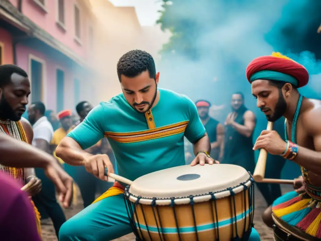 Ritmos vibrantes: Ruben Rada y la fusión afrouruguaya Ruben Rada y músicos fusionando ritmos enérgicos de la música afrouruguaya con instrumentos tradicionales coloridos
