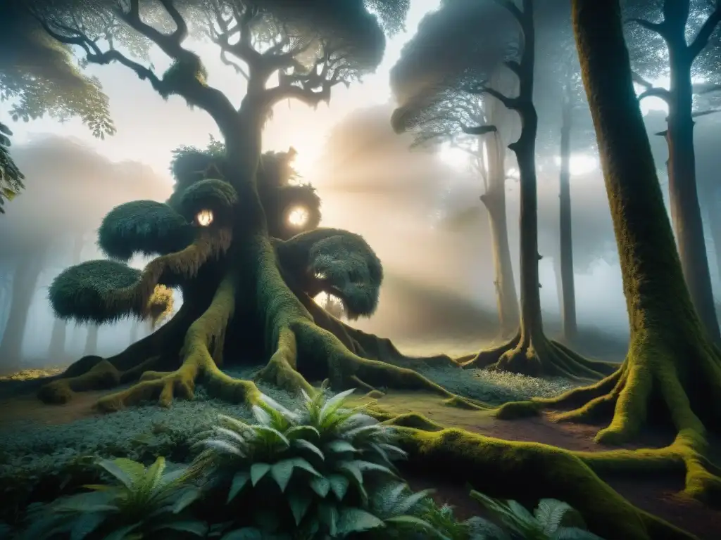 El Nahual: terror ancestral en el bosque nocturno Un Nahuala de la leyenda del folklore uruguayo acecha en el bosque nocturno, creando un ambiente oscuro y misterioso