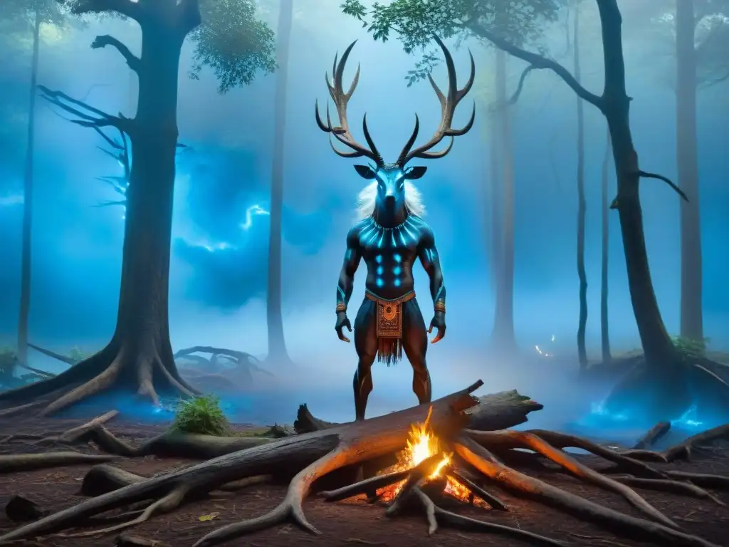 El Nahual en el bosque de la noche: ilustración detallada Un Nahuala misterioso en un bosque brumoso bajo la luna, rodeado de llamas azules