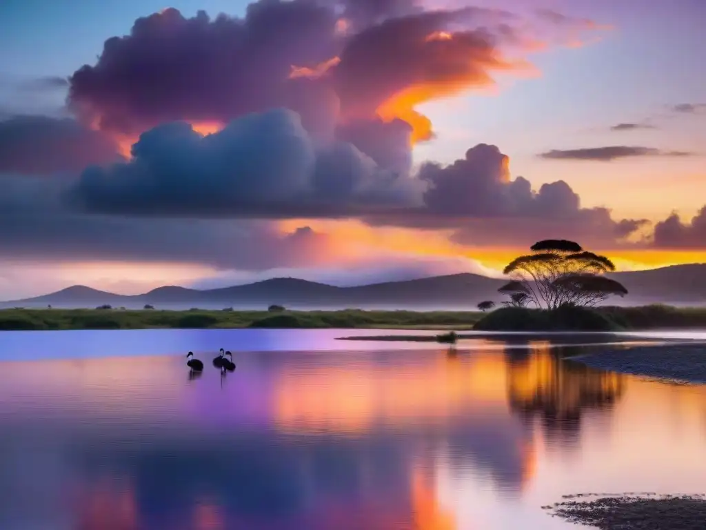 Fotografía de naturaleza en Uruguay: Atardecer vibrante sobre Laguna Garzón con un solitario flamenco