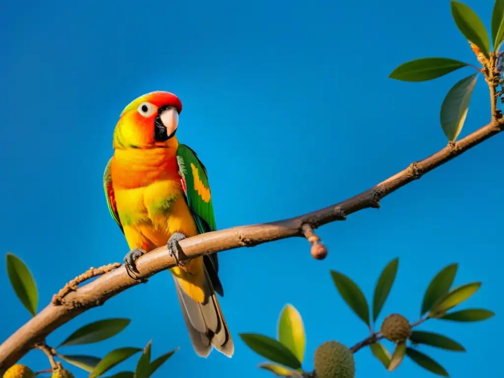 Increíble fotografía de naturaleza en Uruguay: un conuro solar rojo y amarillo posado en una rama verde, con el cielo azul de fondo