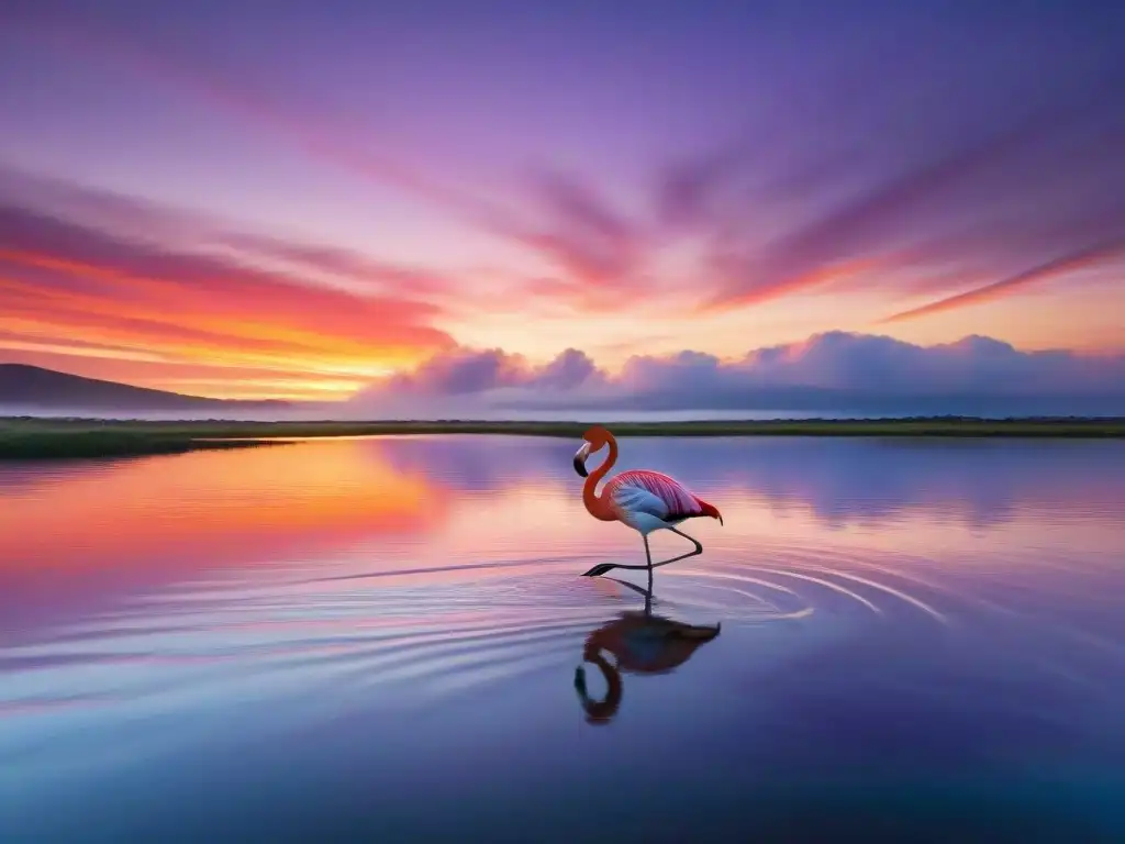 Fotografía de naturaleza en Uruguay: Espectacular atardecer rojo y naranja sobre Laguna Garzón, con un flamenco en primer plano