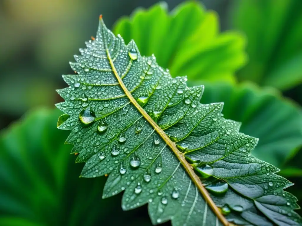 Fotografía de naturaleza en Uruguay: Detalle de una hoja verde con gotas de rocío brillantes, reflejando la luz del sol