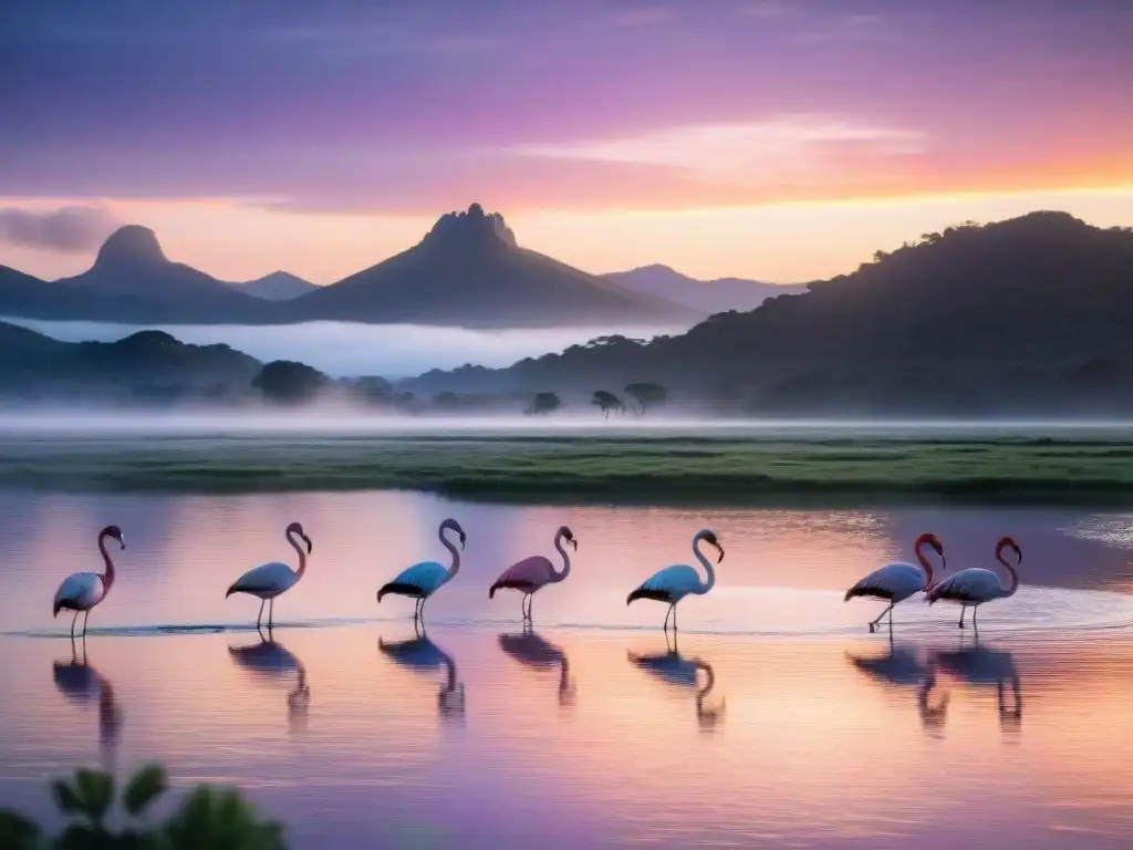 Fotografía de naturaleza en Uruguay: Amanecer en Laguna Garzón con flamencos y colores suaves en el agua