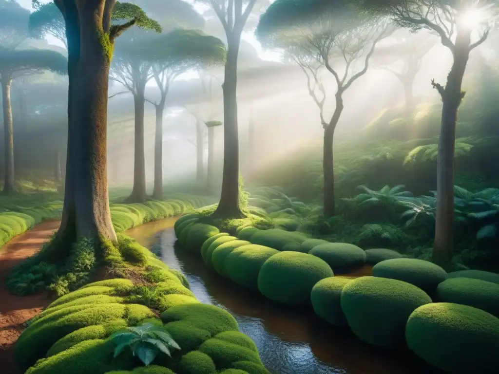 Fotografía de naturaleza en Uruguay: Bosque vibrante con flora y fauna nativa, árboles altos, aves coloridas y arroyo serpenteante