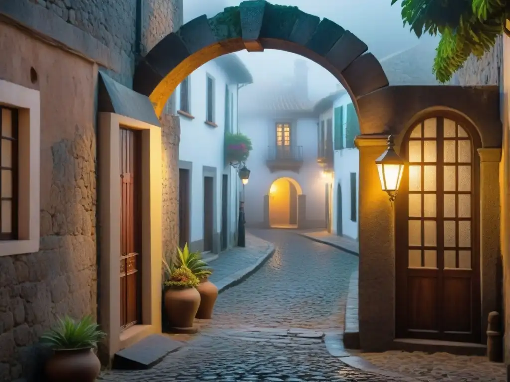 Calles embrujadas de Colonia del Sacramento: misterios y leyendas Entre la neblina mística, calle empedrada de Colonia del Sacramento, Uruguay, donde leyendas y mitos cobran vida