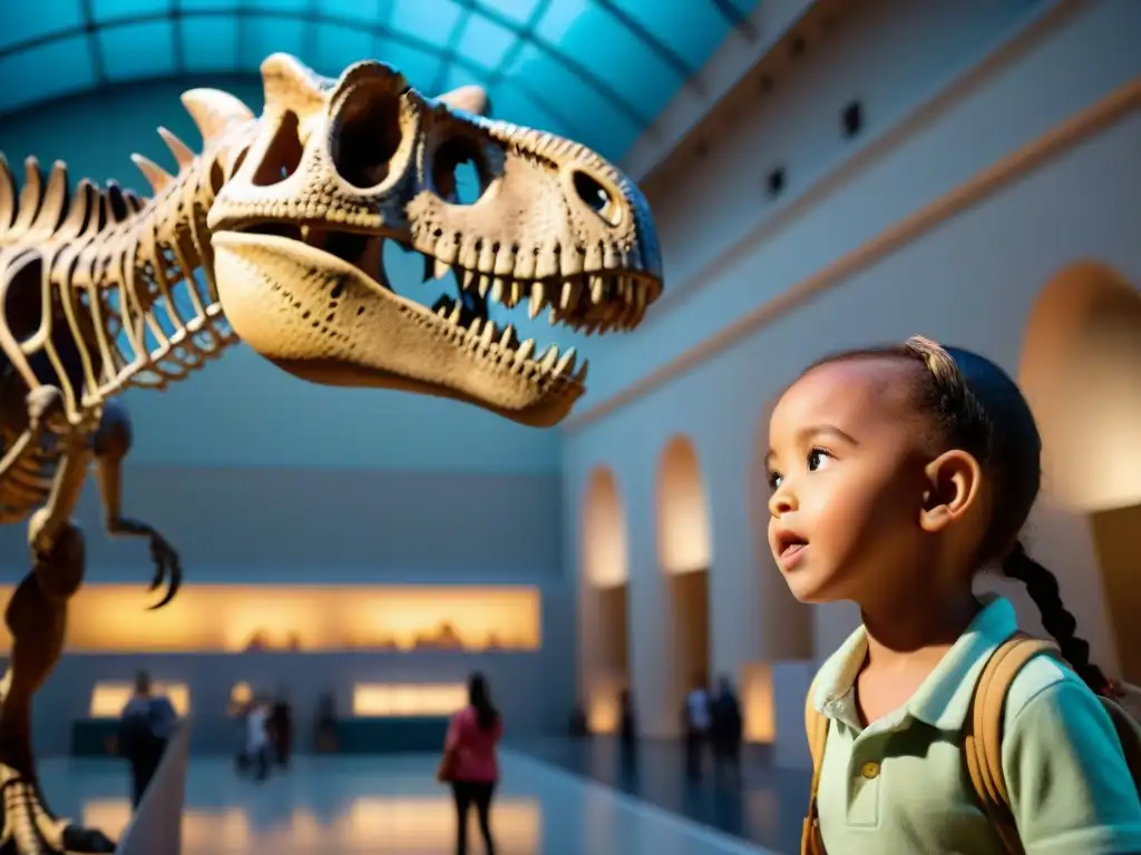 Un niño maravillado mira un esqueleto de dinosaurio en el Museo de Historia Natural Uruguay