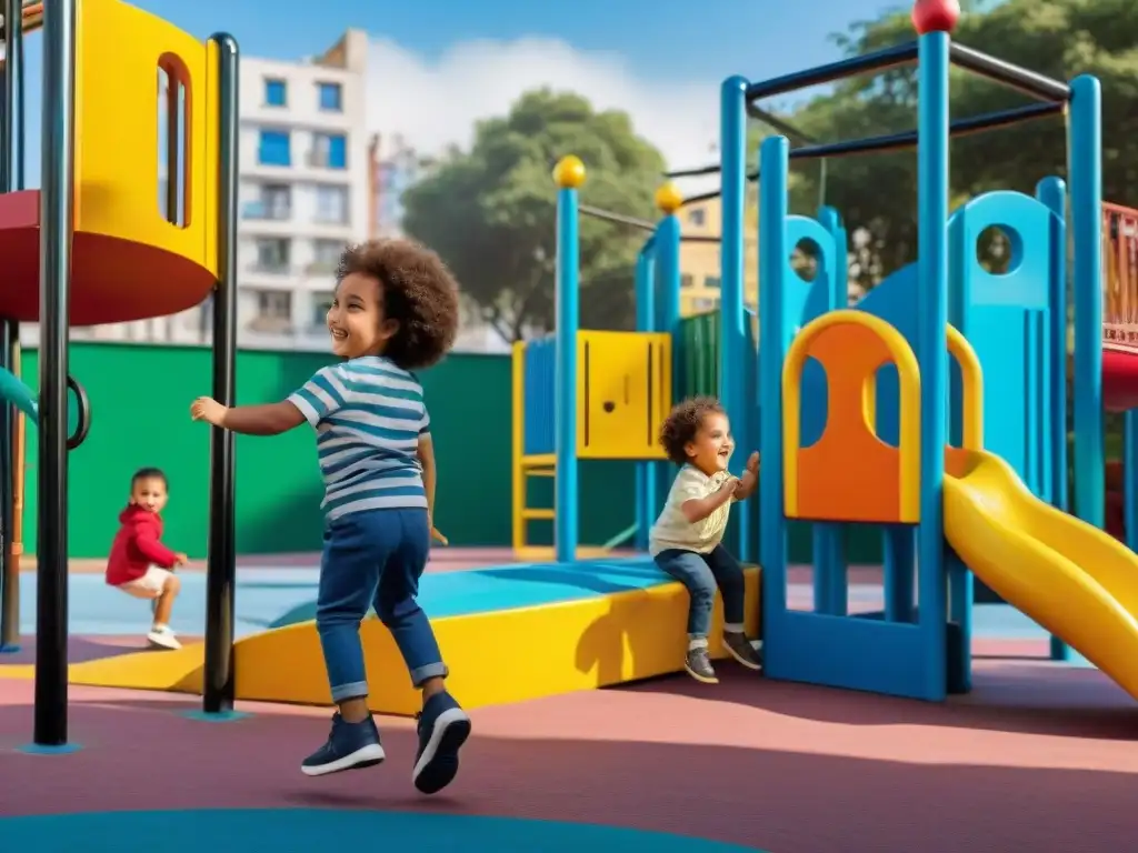 Niños de diversas edades y etnias juegan alegremente en un colorido parque en Montevideo, reflejando la energía y diversidad de actividades familiares Montevideo Uruguay