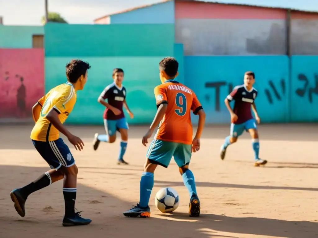 Niños jugando fútbol en barrio uruguayo, reflejando pasión y alegría