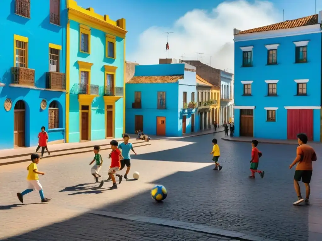 Niños jugando fútbol en una plaza soleada de Montevideo, Uruguay