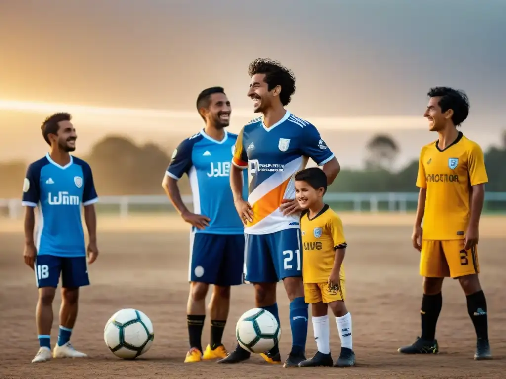 Niños de diferentes orígenes en Uruguay, unidos por el fútbol en un campo polvoriento al atardecer, simbolizando iniciativas sociales clubes Uruguay