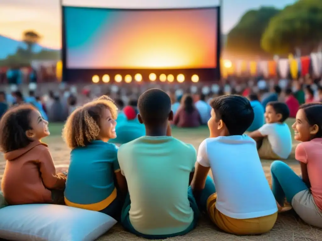 Niños riendo y disfrutando de una proyección al aire libre en el Festival Cine Infantil Montevideo