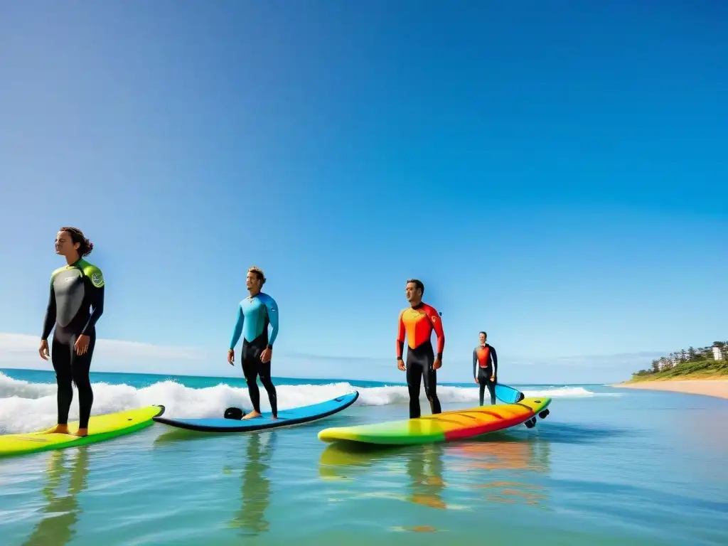 Iniciación de niños al surf en Uruguay: Jóvenes en wetsuits coloridos surfean en la playa bajo el sol, rodeados de palmeras