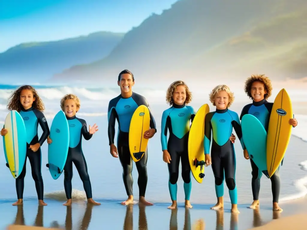 Iniciación de niños al surf en Uruguay: grupo emocionado escucha a instructor en playa, listos para surfear