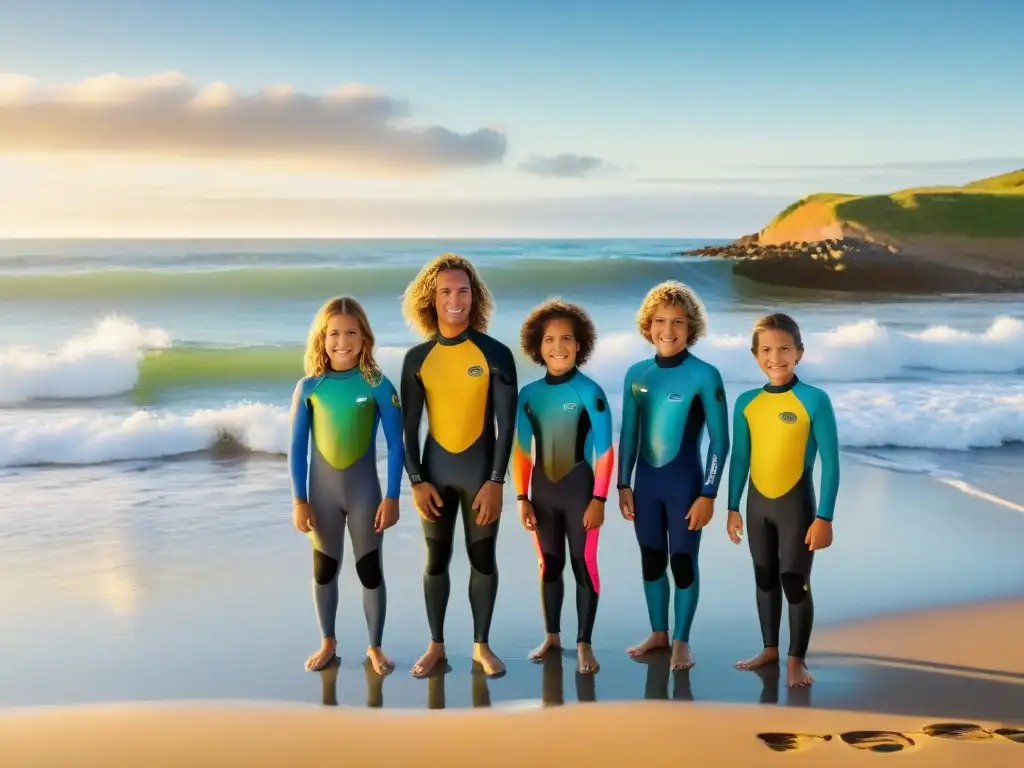 Iniciación de niños al surf en Uruguay: Niños emocionados con sus tablas coloridas en la playa al atardecer