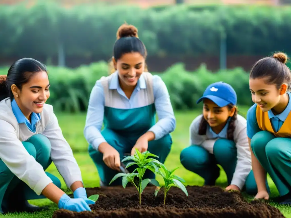 'Niños uruguayos participan en proyecto sostenible en escuela: plantan árboles con su maestra