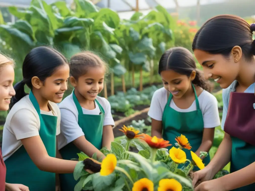 'Niños uruguayos aprendiendo sobre educación sostenible en un jardín escolar lleno de coloridas flores y vegetales, bajo un cálido sol