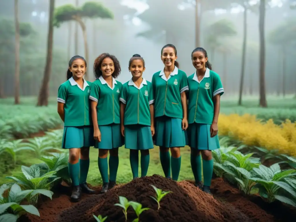 Niños uruguayos en uniforme plantan árboles en un bosque, promoviendo la educación ambiental en Uruguay