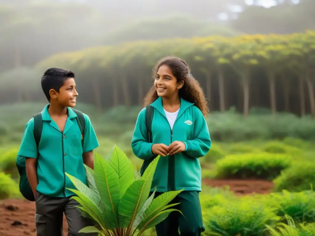 Niños uruguayos en uniformes coloridos explorando la naturaleza, aprendiendo sobre educación ambiental en Uruguay