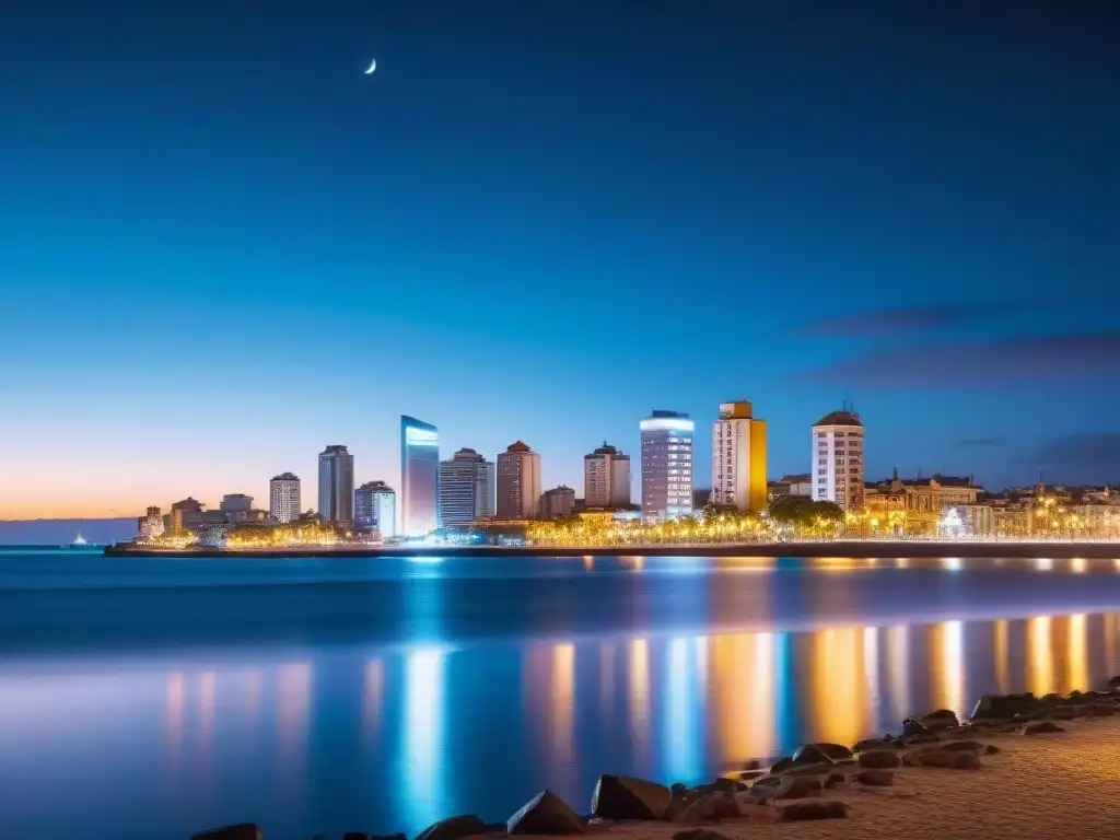 Fotografía de Montevideo de noche: la ciudad iluminada con un ambiente urbano y mágico