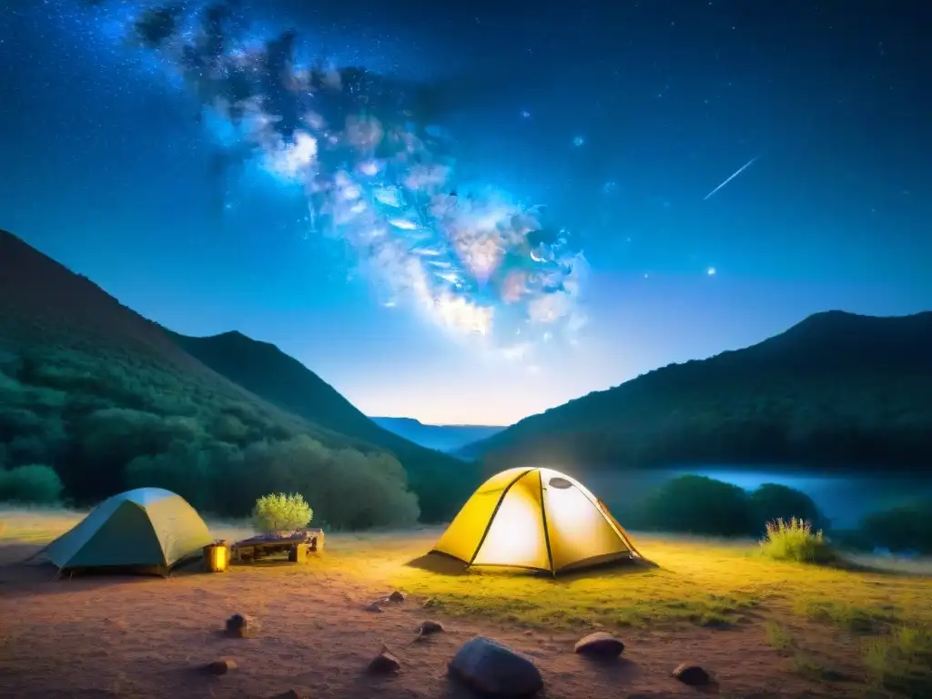 Noche estrellada en campamento en Uruguay, ideal para seguro de viaje para acampar