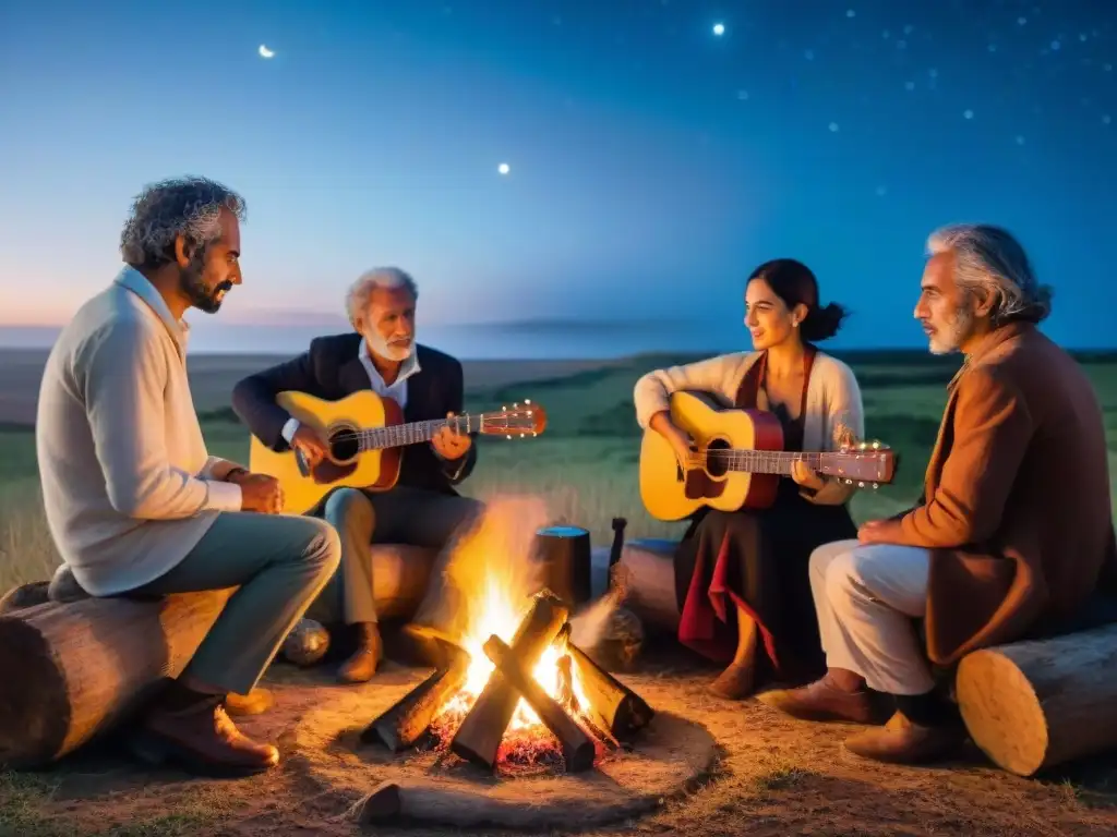 Noche estrellada en Uruguay: músicos y poetas alrededor de una fogata, fusionando poesía y música cancionero uruguayo