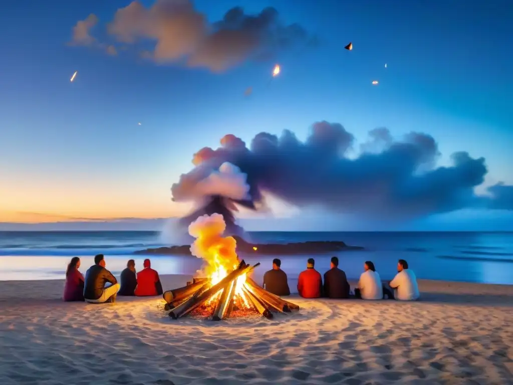 Noche de San Juan en Uruguay: Celebración con fogata en la playa, rostros iluminados por el fuego y fuegos artificiales en el cielo nocturno