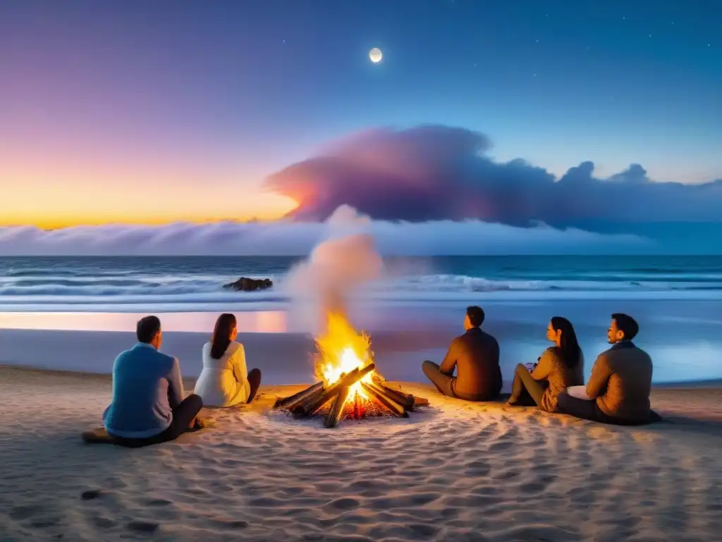 Noche de San Juan en Uruguay: Celebración mágica alrededor de la fogata en la playa al atardecer