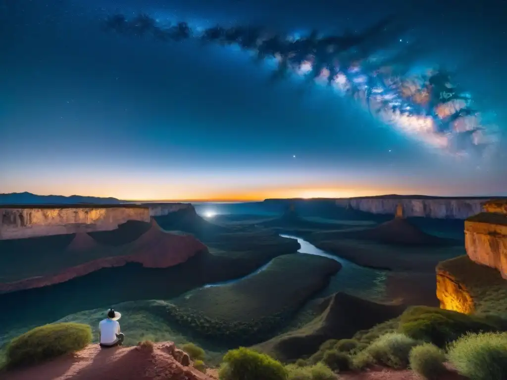 Noche mágica en Quebrada de los Cuervos: cielo estrellado ilumina el paisaje rocoso y el río serpenteante