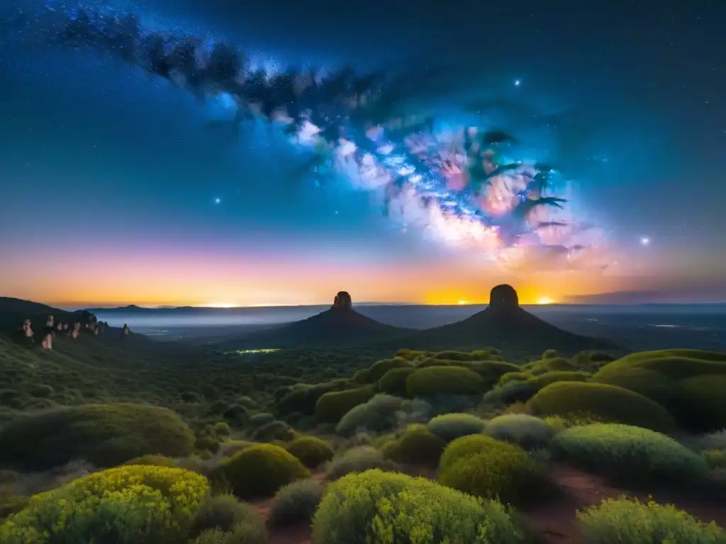 Noche mágica en Quebrada de los Cuervos: cielo estrellado y siluetas de rocas y vegetación