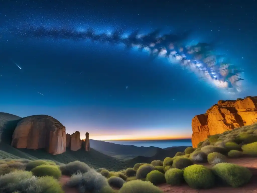 Una noche mágica en Quebrada de los Cuervos: estrellas brillantes, una estrella fugaz y la Vía Láctea iluminando el paisaje