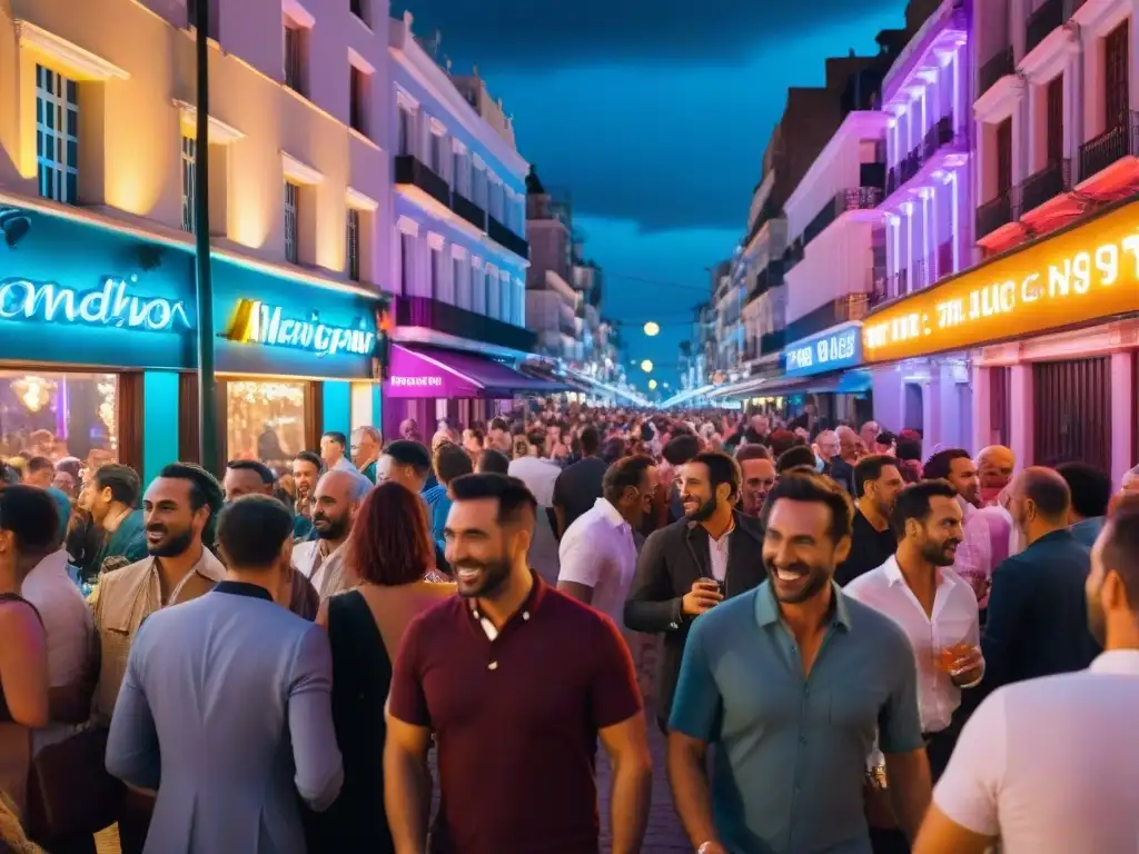 Una noche vibrante en Montevideo: luces de neón iluminan los mejores bares de la ciudad, con gente disfrutando la animada vida nocturna