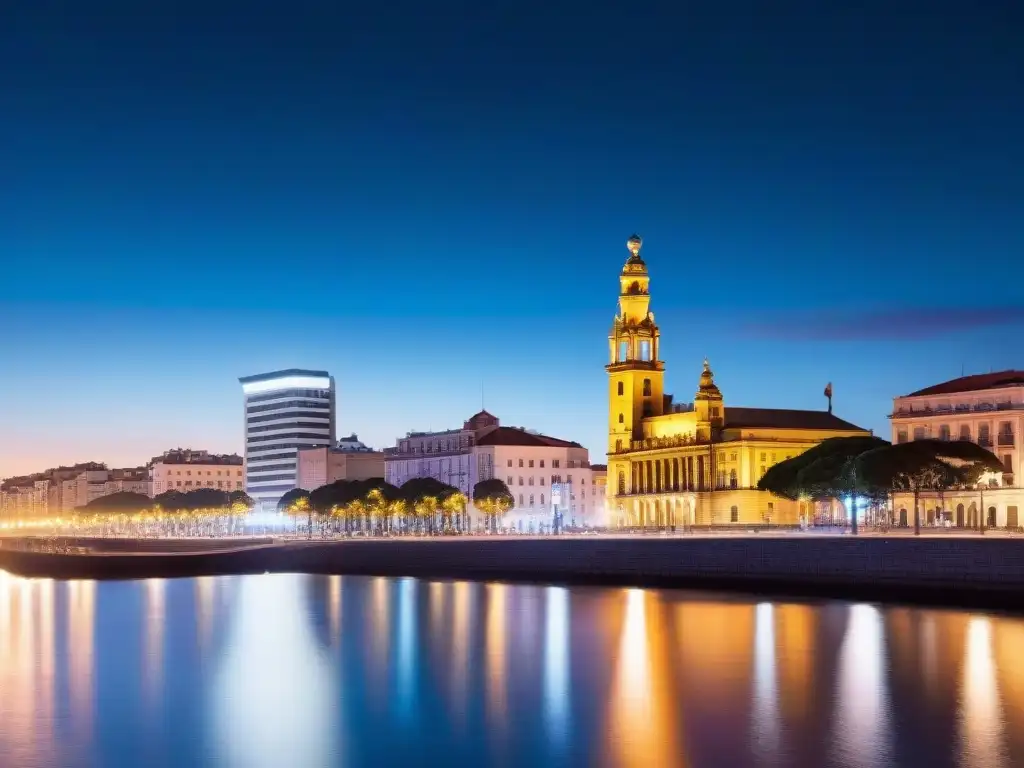 Fotografía de Montevideo de noche: vibrante skyline urbano reflejado en el Río de la Plata