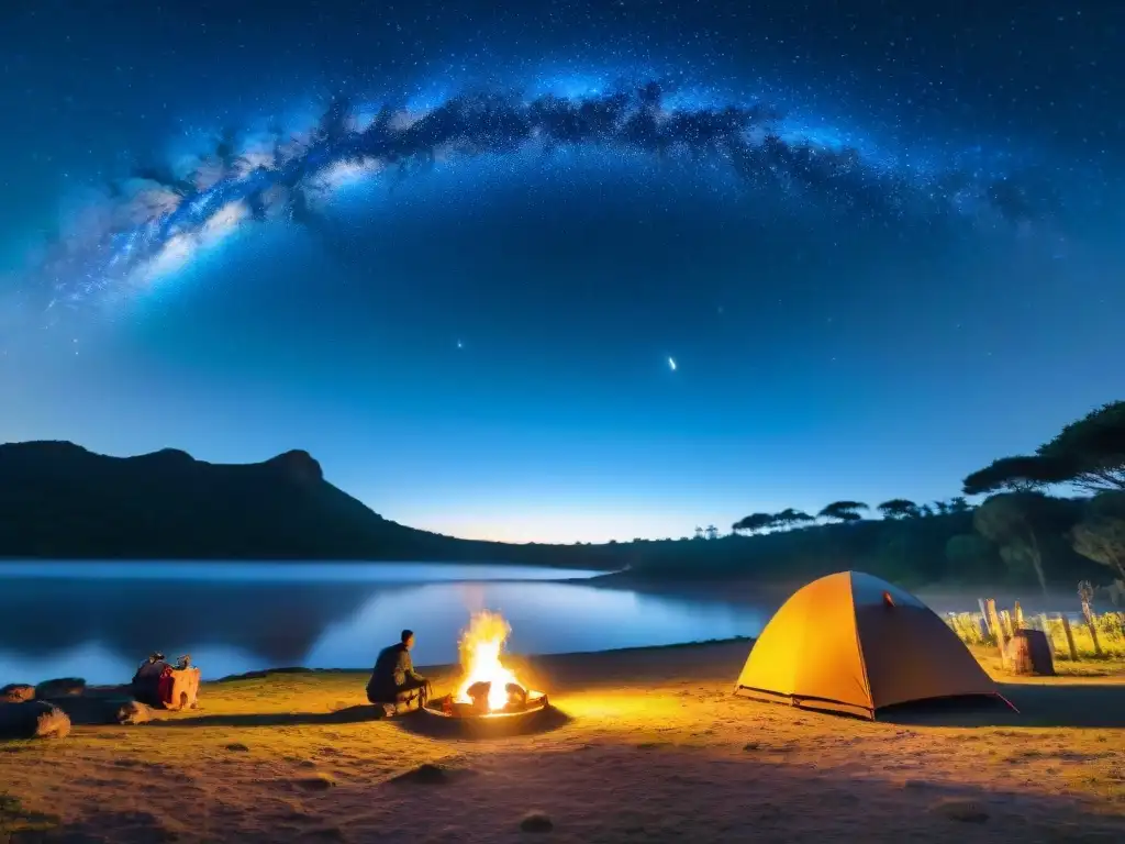 Noches estrelladas en un campamento en Uruguay, con fogata brillante y campistas armando tiendas