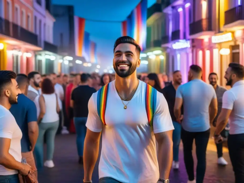 Noches vibrantes y llenas de vida en Montevideo, con banderas arcoíris, LGBTQ+ socializando bajo luces neón y estrellado cielo