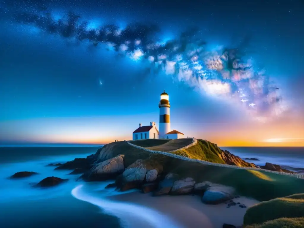 Una fotografía nocturna impresionante de la Vía Láctea sobre el icónico faro de Cabo Polonio en Uruguay, donde las estrellas se reflejan en el mar