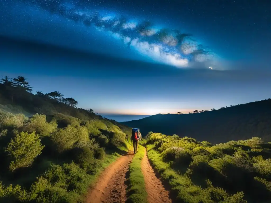 Excursión nocturna en Uruguay: hikers bajo estrellas, bosque oscuro y montañas lejanas