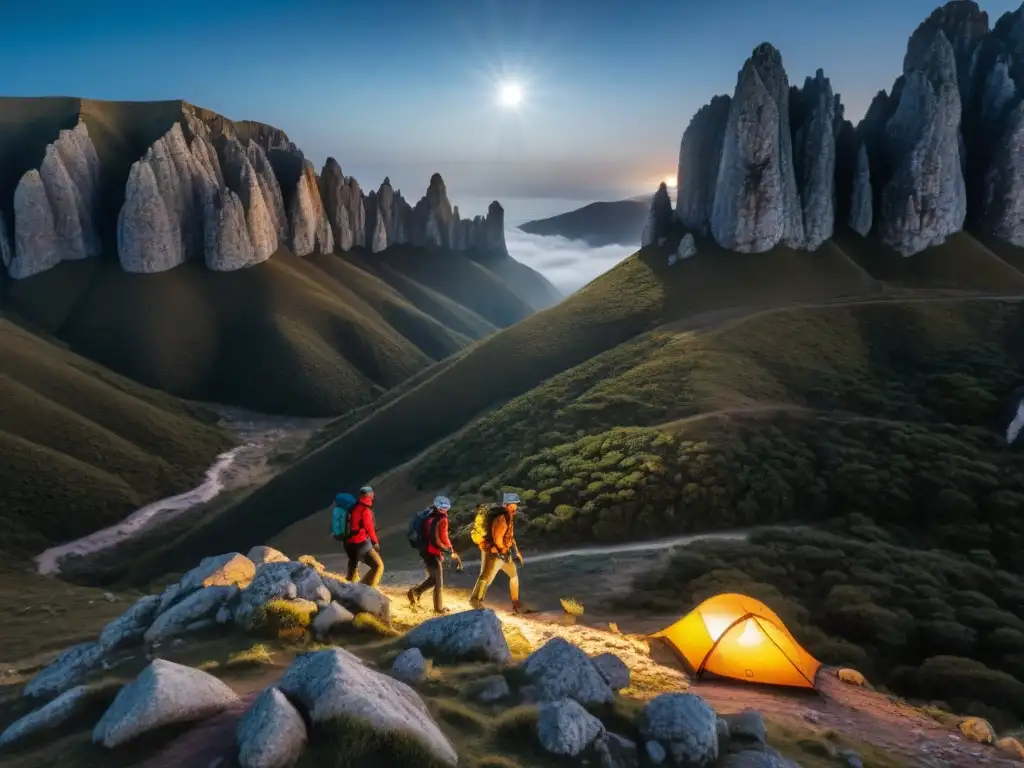 Excursión nocturna en Quebrada de los Cuervos: hikers iluminados por linternas, entre acantilados bajo la luna