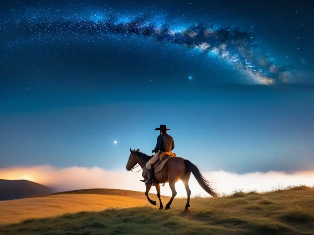 Fotografía nocturna en Uruguay: gaucho solitario a caballo bajo estrellas, vida rural