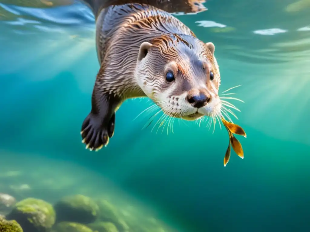 Hábitat y alimentación de nutrias: Una pata de nutria detallada sostiene un pez en un río cristalino, bajo la luz del sol