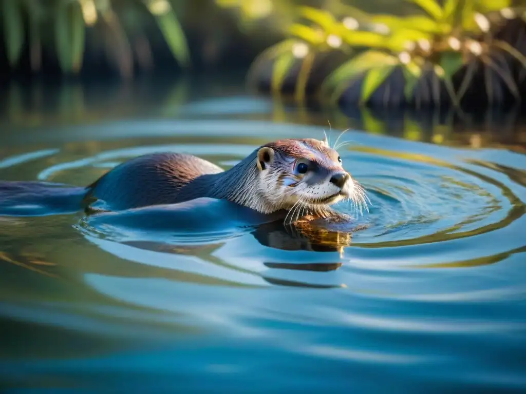 Hábitat y alimentación de nutrias: En el río de Uruguay, una nutria ágil caza peces bajo la luz del sol en la selva densa